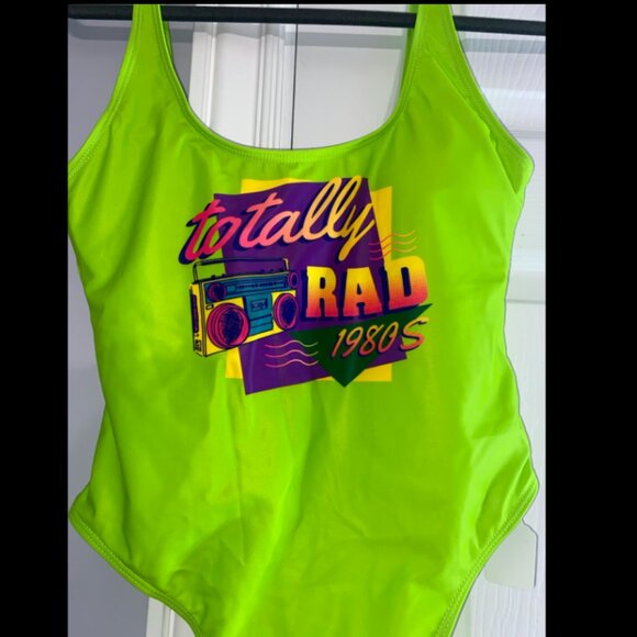 Size Women's Large/L neon green retro one piece swimsuit, 80s/90s bathing suit - Picture 4 of 6